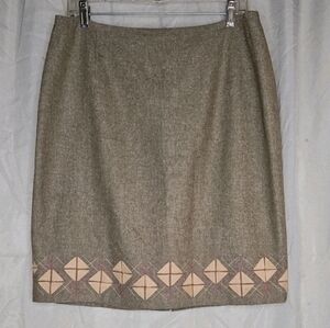 Ann Taylor LOFT Y2K Light Brown Wool Blend Tweed Geometric A-Line Suede  Skirt